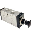 Five Way Two Position Hand Lever Pneumatic Valve Three Eighths Inch NPT Air Control Push Pull Lever Operated Valve For Industrial Automation Heavy Duty Alloy And Plastic Body Compact Four Inch Size Model 4R310 08, side angle