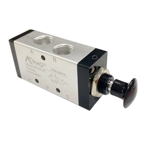 Five Way Two Position Hand Lever Pneumatic Valve Three Eighths Inch NPT Air Control Push Pull Lever Operated Valve For Industrial Automation Heavy Duty Alloy And Plastic Body Compact Four Inch Size Model 4R310 08, side angle