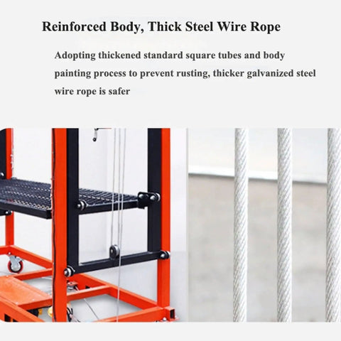 Electric Scaffolding System With Remote Control Wheels, showing reinforced steel frame and thick rope for stability.