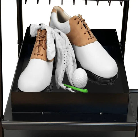 Heavy Duty Metal Golf Bag Organizer Rack For Two Bags With Secure Straps Two Wire Drawers For Accessories Five Shelves And One Shoe Shelf