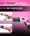 Pink Cordless Electric Screwdriver Set Rechargeable For Women With LED Light Pivotal Handle, charging and indicator view.