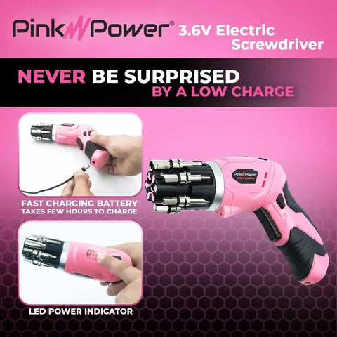 Pink Cordless Electric Screwdriver Set Rechargeable For Women With LED Light Pivotal Handle, charging and indicator view.
