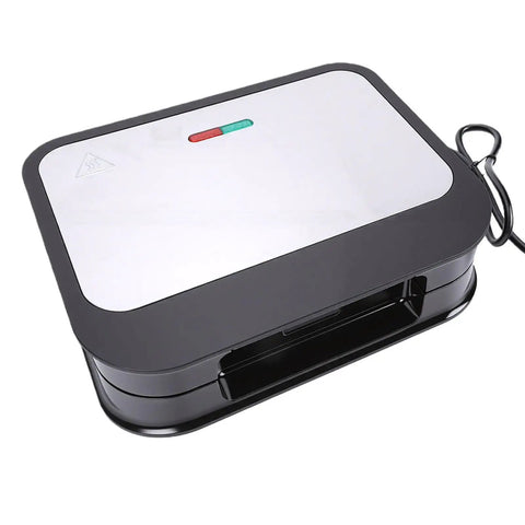 Top Rack Electric Panini Press Maker 750 Watt Indoor Grill For Home Cooked Steaks Burgers Breakfasts With Non Stick Aluminum Plate And Stainless Steel Build 9.3 x 5.1 Inches US Plug Easy Clean Design shown from top view with green red indicator lights.