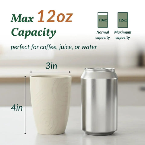 Eco Friendly Wheat Straw Cups Set Unbreakable Drinking Glasses Stackable 12 Oz Tumblers next to soda can for size comparison.