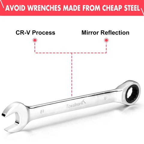 Single chrome vanadium steel wrench from 20-Piece Ratcheting Wrench Set With 180 Degree Flex Head And 72-Tooth Ratchet For SAE.