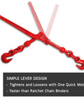 Beefy Two Lever Binders For Tie Downs 3/8 To 1/2 Inch, red design with hooks, heavy duty for secure hauls, Grade 70 compatible.