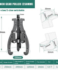 10 Inch Heavy Duty Gear Puller With Two Or Three Jaw Options Forged From Premium Carbon Steel To Extract Stubborn Bearings And Couplings Up To Five Ton Capacity Zero Sweat Garage Workhorse Total Beast with adjustable jaws and specifications diagram.