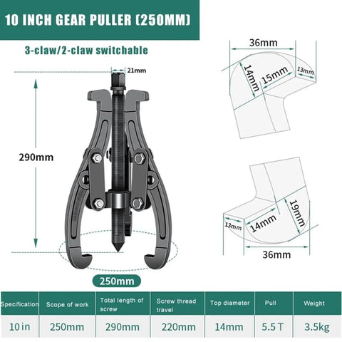 10 Inch Heavy Duty Gear Puller With Two Or Three Jaw Options Forged From Premium Carbon Steel To Extract Stubborn Bearings And Couplings Up To Five Ton Capacity Zero Sweat Garage Workhorse Total Beast with adjustable jaws and specifications diagram.