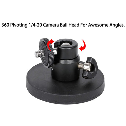 Super Dope Magnetic Camera Mount Snaps On Tight For GoPro Hero Insta360 And DJI Action Cameras Featuring Versatile Quarter Inch Thread Adapter Plate, 360-degree pivot ball head for adjustable angles.