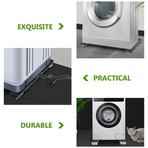 Heavy Duty Washing Machine Stand With Wheels And Shockproof Pads, Stainless Steel Appliance Dolly Mover For Frigidaire Dishwasher, close-up of practical dolly under a washing machine.