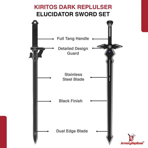 Kiritos Dark Repulser Elucidator Dual Sword Set With Back Sheath, showing stainless steel blades and detailed design guard.