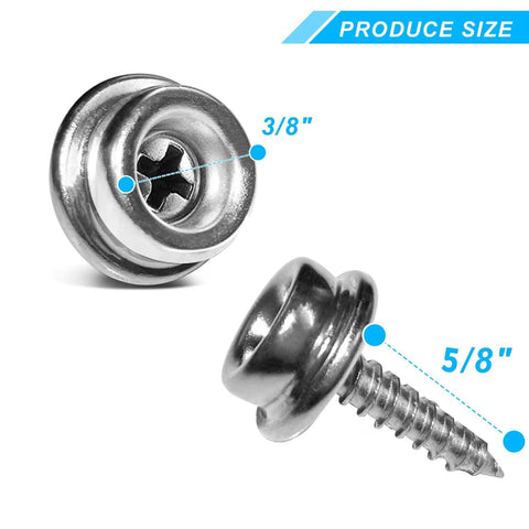 Close-up of Marine-Grade Stainless Steel Snap Screw Kit for Boat Covers, showing 3/8 inch socket and 5/8 inch screw size details.