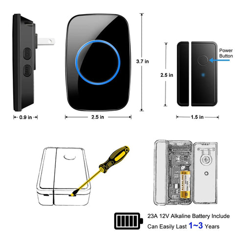 Wireless Door Chime Kit With Sensor And Receiver, Plug And Play Entry Alarm, No Wiring Required, Easy Adhesive Door Sensor Install, Long Range Up To 1000 Feet, Pre-Paired Right Out Of The Box. Black receiver and sensor with 23A 12V battery