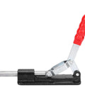 Side view of Beefy Quick Release Toggle Clamp With 1278 Lbs Holding Power, red handle and galvanized body.