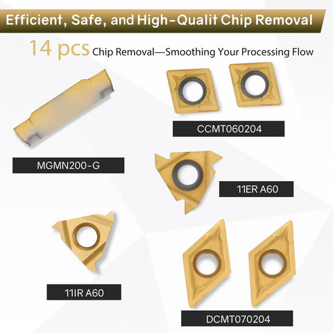 Indexable lathe turning tool kit with 14 gold carbide inserts and 7 holders for 3/8 in (10 mm) shanks