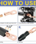 Heavy Duty Copper Battery Cable Ends Kit With 220 Pieces And 110 Pieces Of AWG 8 6 4 2 1 Lugs Ring Terminals Eyelets And Connectors Plus 3 To 1 Heat Shrink Tubing For Marine And Auto Use instruction guide