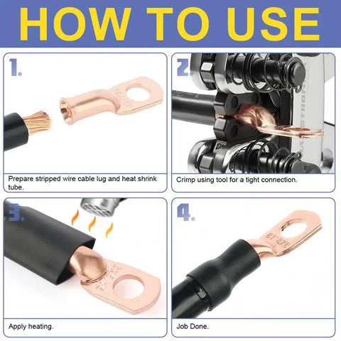 Heavy Duty Copper Battery Cable Ends Kit With 220 Pieces And 110 Pieces Of AWG 8 6 4 2 1 Lugs Ring Terminals Eyelets And Connectors Plus 3 To 1 Heat Shrink Tubing For Marine And Auto Use instruction guide