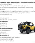 Side view of a 2018 yellow Jeep Wrangler with compatibility list above, suitable for 2 Piece Axle Bearing And Seal Kit For Jeep J10 CJ5 CJ6 Wrangler JK Nissan Xterra 1971 2018 Replacement Axle Seals And Bearings Set For Dana 44 Front Or Rear.