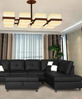 Modern living room with black sectional sofa, featuring Paintable Beadboard Wallpaper With Pre-Pasted Backing on walls.