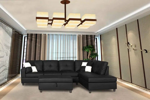 Modern living room with black sectional sofa, featuring Paintable Beadboard Wallpaper With Pre-Pasted Backing on walls.