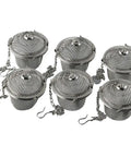 Heavy Duty Stainless Steel Ultrasonic Cleaner Basket Six Pack Snazzy Wire Mesh Nets for Jewelry Watch Parts and Tea Infuser, shown from above.