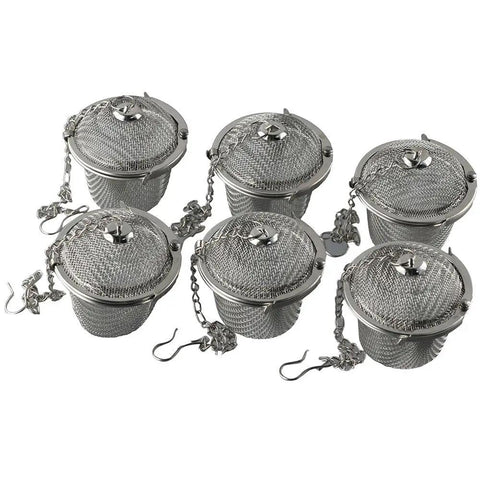 Heavy Duty Stainless Steel Ultrasonic Cleaner Basket Six Pack Snazzy Wire Mesh Nets for Jewelry Watch Parts and Tea Infuser, shown from above.