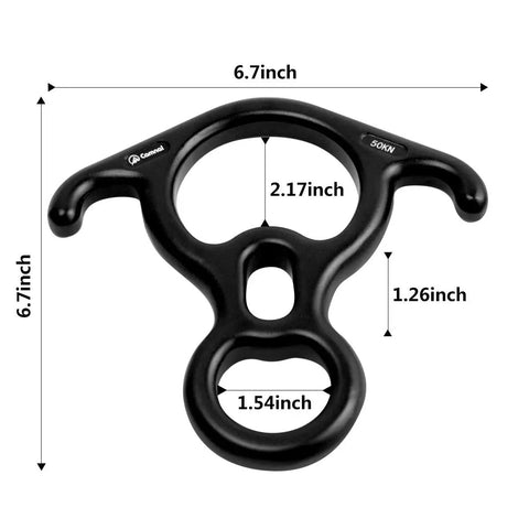 Beefy Rescue Figure Belay Device For Rock Climbing And Peak Rescue 50 kN Load Descent And Rappelling Gear, black dimensions shown
