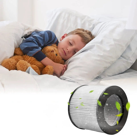 Child sleeping peacefully with teddy bear, showing Two Pack Replacement Filter for Bissell 2801 2780 2780A 27809 MyAir Personal nearby.