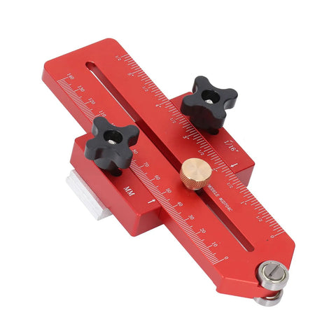 Top view of Table Saw Thin Jig With Aluminum Alloy Build, Adjustable Length Guide showing measurement scales and knobs.