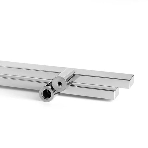 24 Inch Stainless Steel Door Handle Set With Solid Standoffs, Built To Last Heavy Duty Commercial Grade 304 Stainless, Push Pull Barn Door Pulls, Glass Pulls, Mirror Polished Chrome Finish, showing polished handles and standoffs