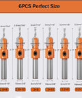 6 piece Premium Countersink Drill Bit Set For Woodworking And Timber with sizes displayed on a gray background.