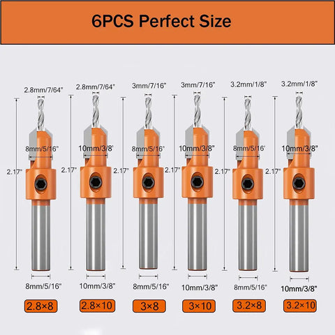 6 piece Premium Countersink Drill Bit Set For Woodworking And Timber with sizes displayed on a gray background.