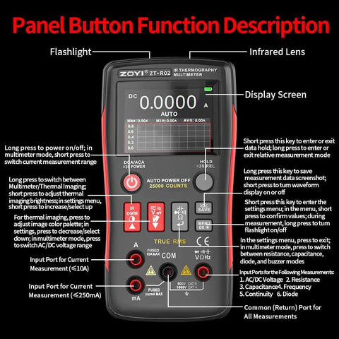 Front view of All In One Thermal Imaging And Digital Multimeter for Electricians and HVAC Pros with labeled buttons.