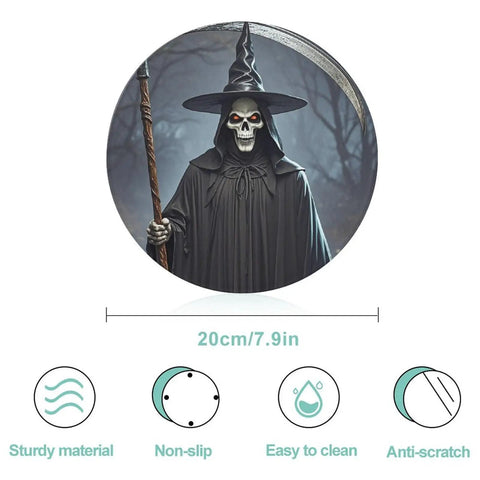 Tempered Glass Cutting Board Round 7.9 Inch Multipurpose Chopping Surface Non Porous Easy To Clean Kitchen Prep Board Durable Round Food Prep Tool Grinning Grim Reaper Illustration