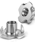 Ruggedly Crafted 1 4 20 Tee Nuts Made From Hella Durable 304 Stainless Steel 4 Prong Threaded Inserts. Close-up view.