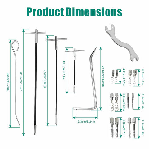 Gland Packing Removal Tool Kit With Flexible Shaft And Corkscrew Hooks, 23 pieces with dimensions shown, stainless steel.