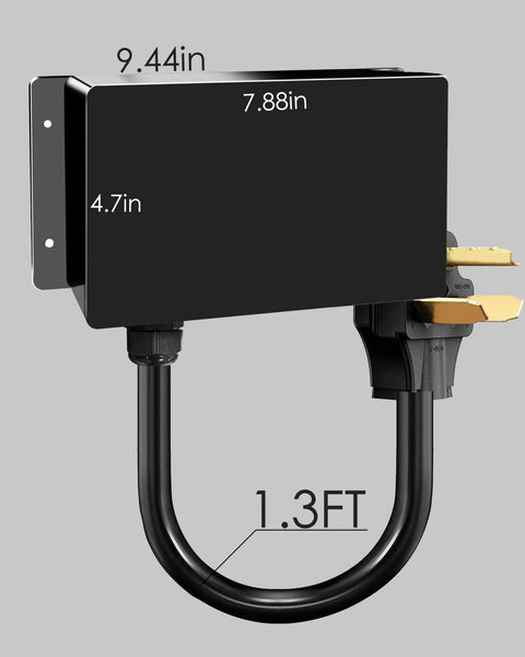 Heavy Duty 50A AC Power Meter With Nema 14 50P To 14 50R Outlet Monitor dimensions, showing 9.44in, 7.88in, 4.7in and 1.3FT cable.