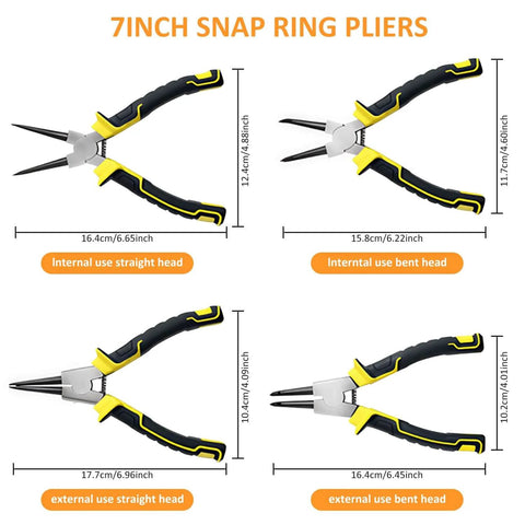 7 Inch Snap Ring Pliers Set Four Piece Circlip Pliers Kit With Straight And Bent Jaw Internal And External Rings