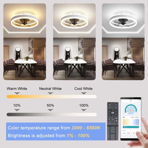 Dope 16 Inch Bladeless Ceiling Fan With Lights Remote And App Control showing color temps and brightness adjustments