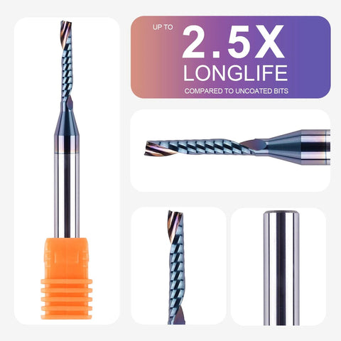 SpeTool carbide O-flute spiral router bit, 1/8 in cutting diameter, 1/4 in shank, blue-coated CNC milling cutter for acrylic and non-ferrous metals.