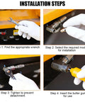 Installation steps for Beefed Up Car Grease Fittings Kit With One Quarter And One Eighth Inch Universal Set showing wrench and fittings.