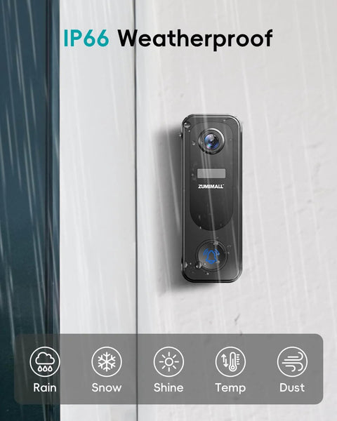 Wireless Battery Powered 2K Video Doorbell With Chime And No Subscriptions, installed view, IP66 weatherproof, front view