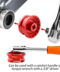 Five In One No Fuss Bike Bottom Bracket Tool for 12/16 notch cups, showing use with ratchet handle and 3/8" driver.