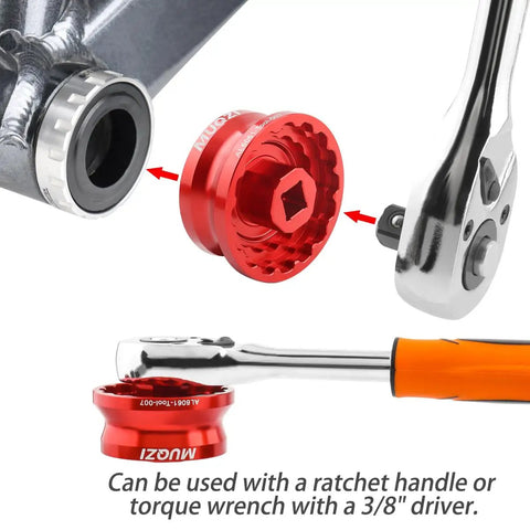 Five In One No Fuss Bike Bottom Bracket Tool for 12/16 notch cups, showing use with ratchet handle and 3/8" driver.