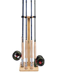 Eight Rod Floor Stand For Fishing Poles Bamboo Base Storage Rack With Soft Ring Protectors showing organized vertical rod setup.