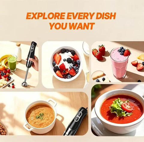 Game Changer Corded Immersion Blender Powered By 400 Watt Copper Motor With Two Adjustable Speeds For Buttery Smooth Soups Quick Gravies And Tender Baby Purees Bpa Free being used to prepare soups and smoothies in a vibrant kitchen setting.