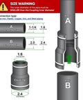 Flexible PVC Reducing Coupling With Stainless Steel Clamps For Two Inch To One And A Quarter Inch DWV, size warning diagram