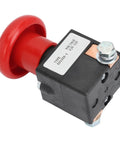 Heavy Duty Metal Emergency Stop Switch With Latching Design For Electric Forklifts And Pallet Cars Fast Cutoff Push Button 125A DC80V, red button on black base.