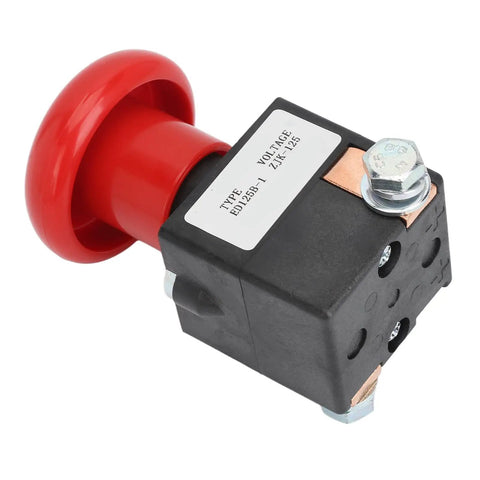 Heavy Duty Metal Emergency Stop Switch With Latching Design For Electric Forklifts And Pallet Cars Fast Cutoff Push Button 125A DC80V, red button on black base.