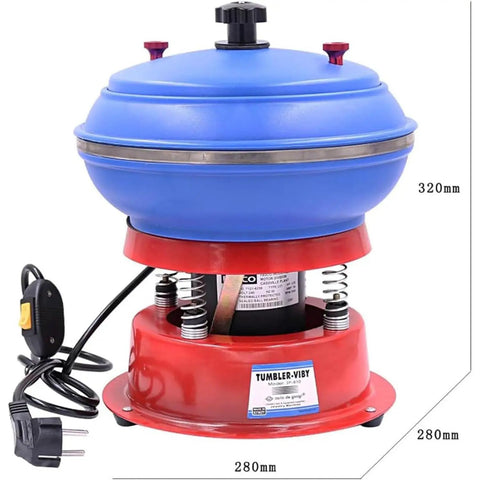 Vibrating Tumbler Polisher For Grinding And Polishing Jade And Jewelry, blue and red with dimensions, high frequency studio tool.